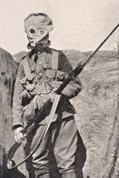 Canadian Soldier wearing a gas mask in 1915, from 